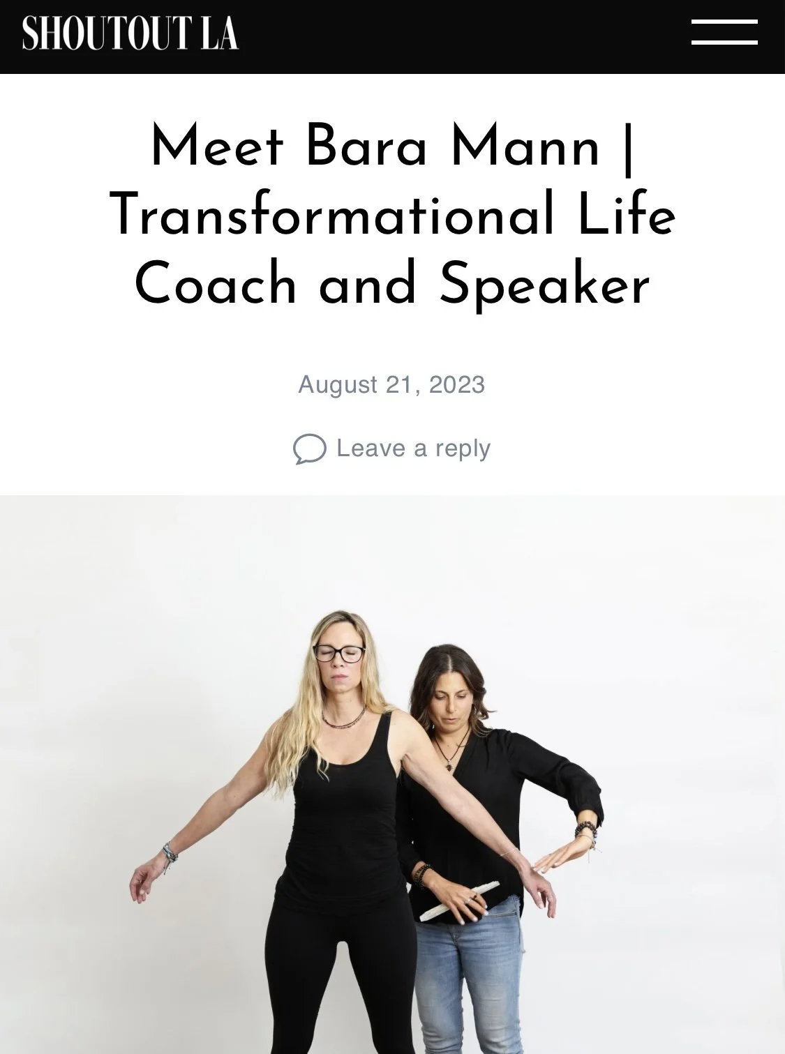 Text says "Shoutout LA" "Meet Bara Mann | Transformational Life Coach and Speaker" "August 21, 2023" and has a photo of Bara standing behind another woman, holding a long selenite rod to her body