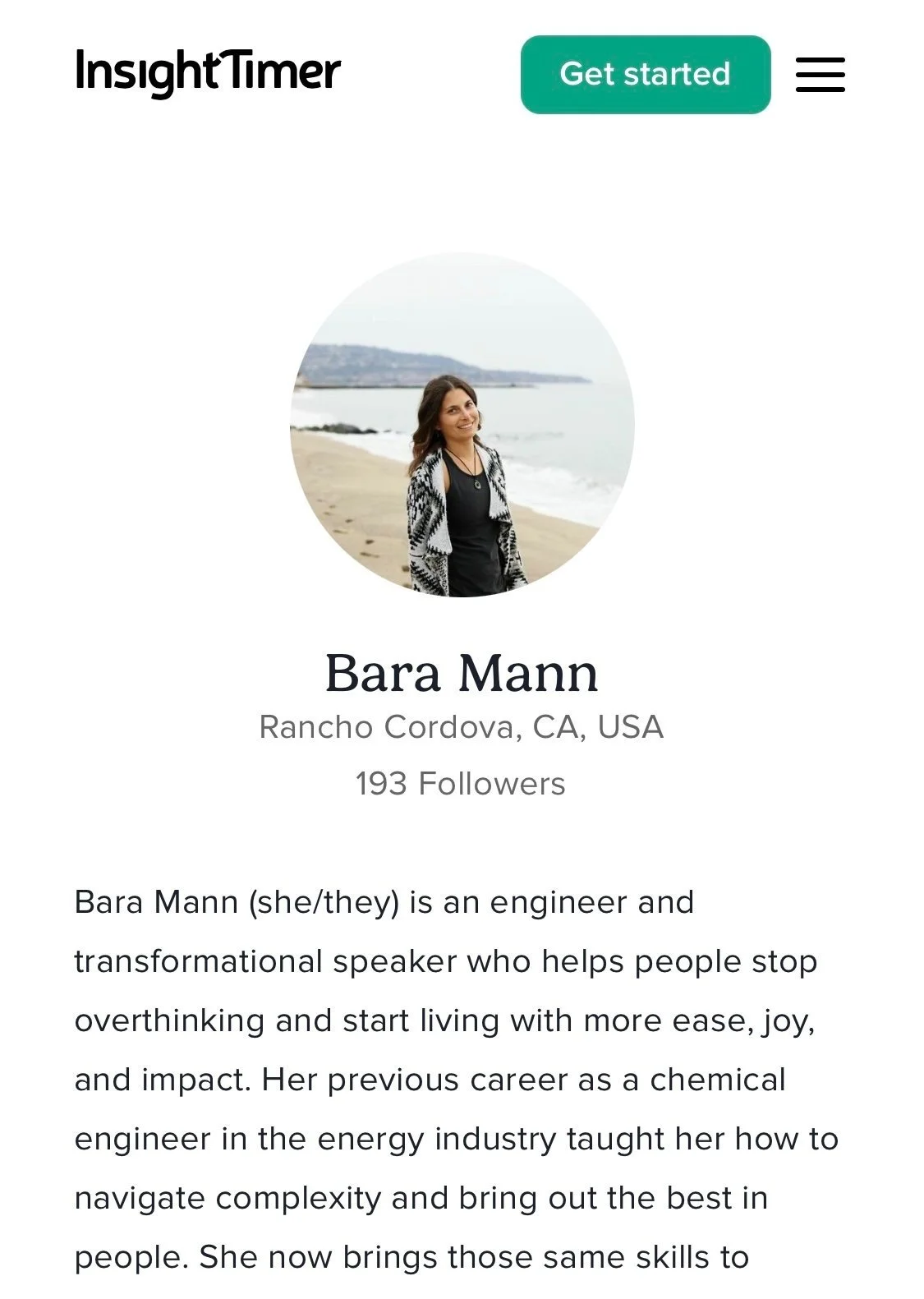 An Insight Timer home screen which has a photo of speaker Bara Mann and says "Rancho Cordova, CA, USA" "193 Followers" and contains her bio